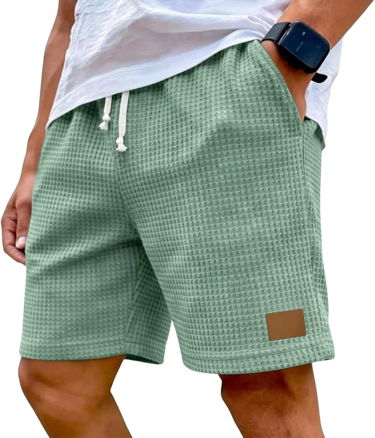 Шорты мужские вафельные, легкие, с поясом на резинке и шнурком, 02-light Green