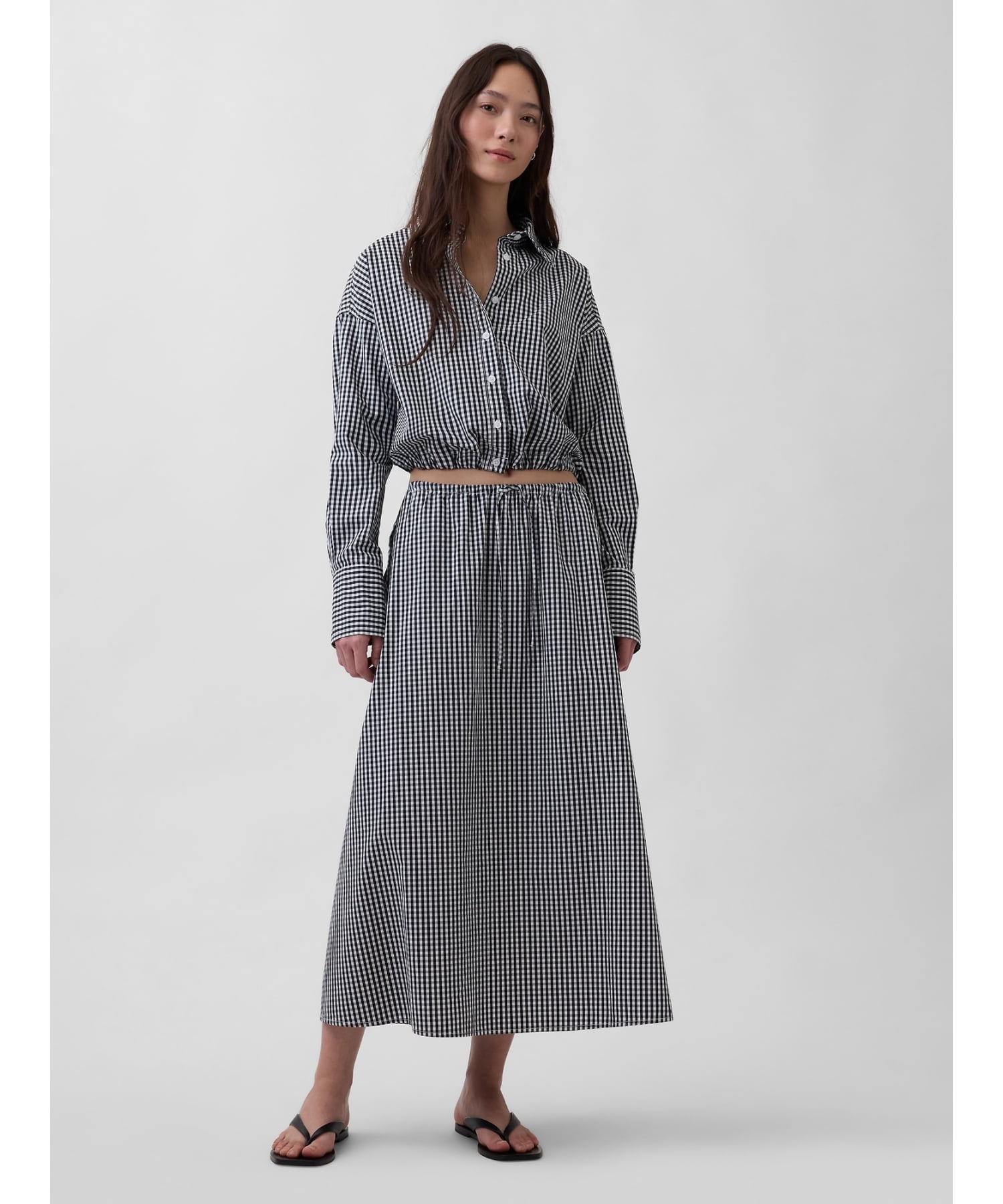 (W) Укороченная рубашка оверсайз из поплина с ленточным краем GAP, BLACK_GINGHAM