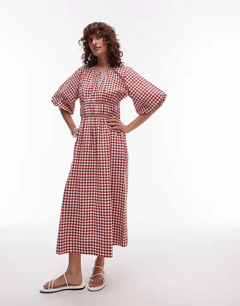 

Платье миди из высококачественного хлопка с присборенным лифом и рукавами-фонариками в красную и белую клетку гингем Arket