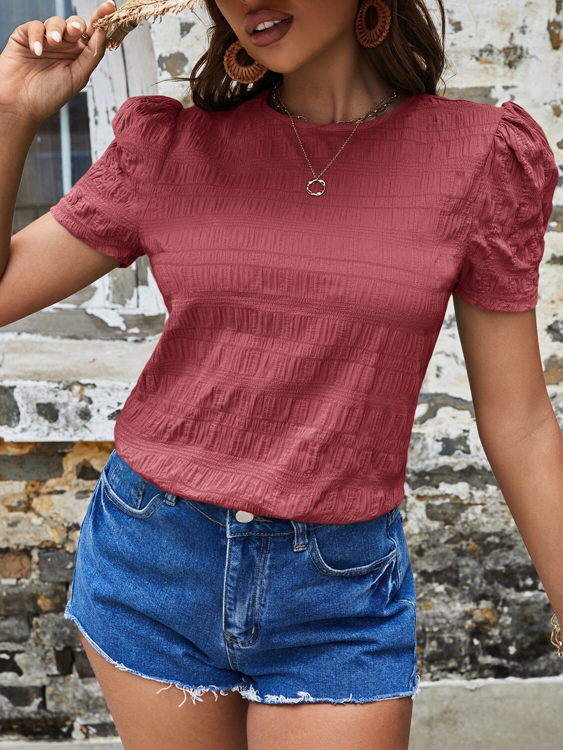 

SHEIN VCAY Фактурная блузка, однотонная, с рукавами-фонариками, арбузно-розовый