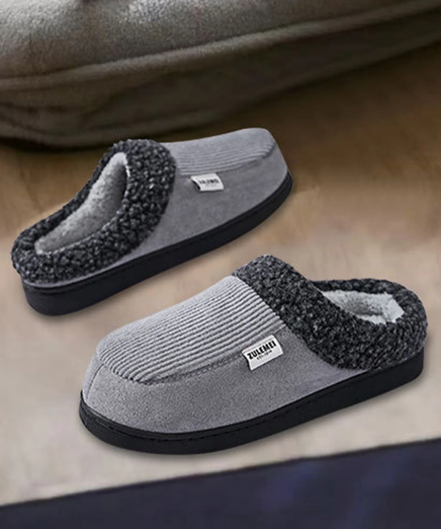 Унисекс тапочки DAY CLOSET из ткани с нескользящей подошвой с тиснением и ворсом серые — фото 2