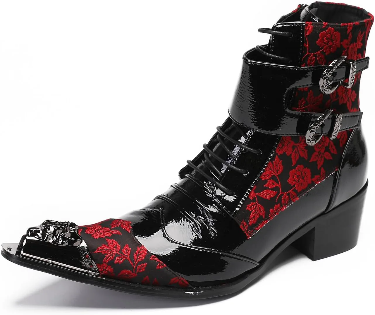 

Мужские ботинки Santimon Cowboy для диско-вечеринок, повседневные байкерские ботинки, металлический заостренный носок, кожаные двухцветные западные модные ботинки на молнии, высокие челси для мальчиков, черный/красный