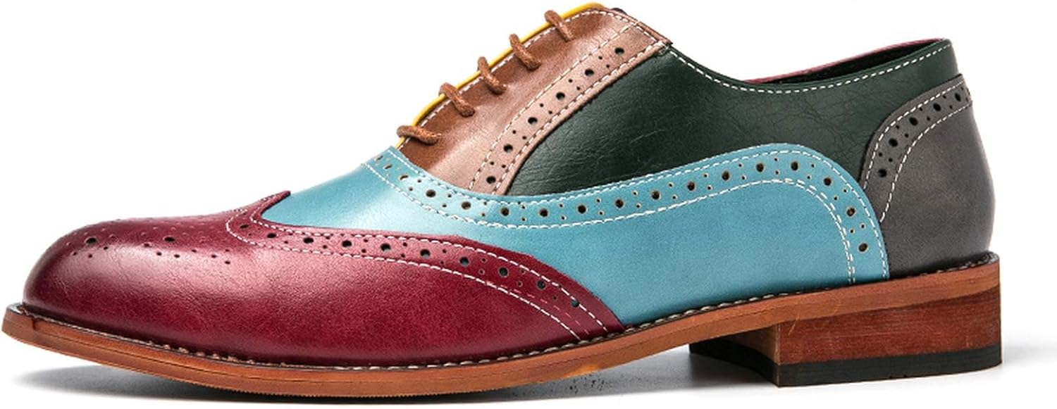 Мужские оксфорды HuitJours многокрасочные броги Wing Tip с шнуровкой, пэчворк, двухцветные, с перфорацией и круглым носком, A-multicolor — фото 4