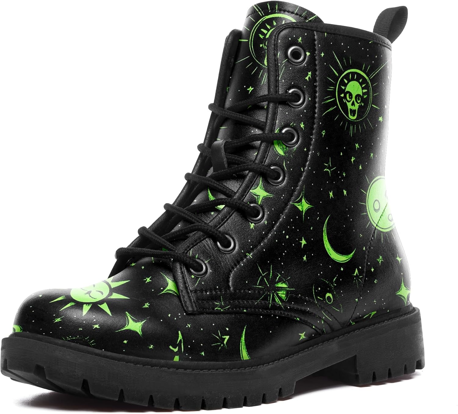 

Женские модные боевые ботинки, мужские ботинки с узором звездного неба, модные водонепроницаемые ботильоны на шнуровке с солнцем, луной и звездами Awsole, черный/зеленый