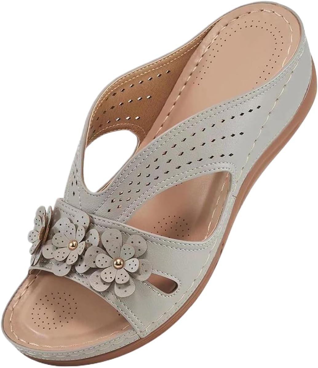 

Летние сандалии для женщин с открытым носком, на платформе и танкетке, с цветочным декором, пляжные сандалии, легкие, нарядные, повседневные, на удобной подошве для прогулок Wabkderpu, серый