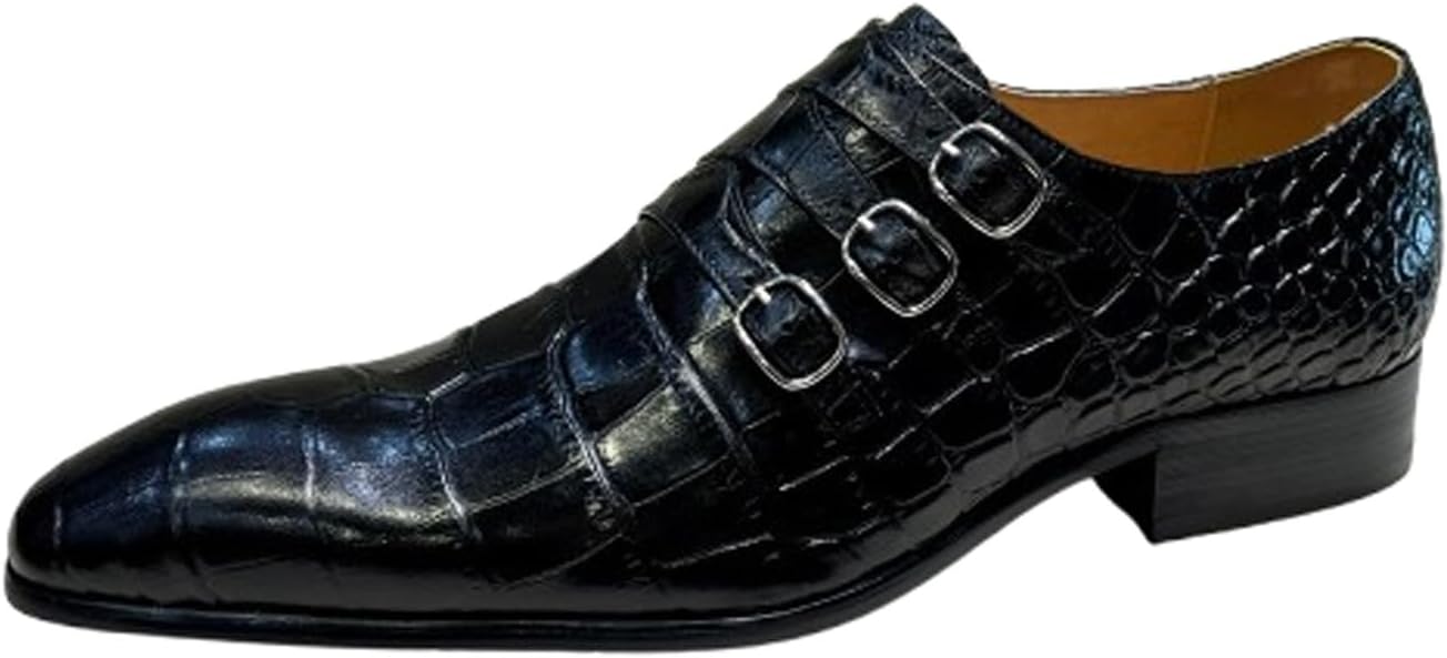 

Мужские кожаные лоферы Santimon с тройной пряжкой - стильная модная обувь с тиснением под крокодила для деловых событий и свадеб, черный