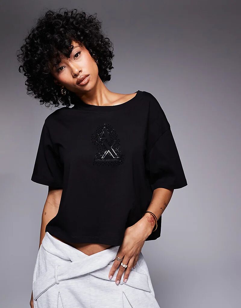 

Укороченная футболка с декорированным логотипом черного цвета Armani Exchange