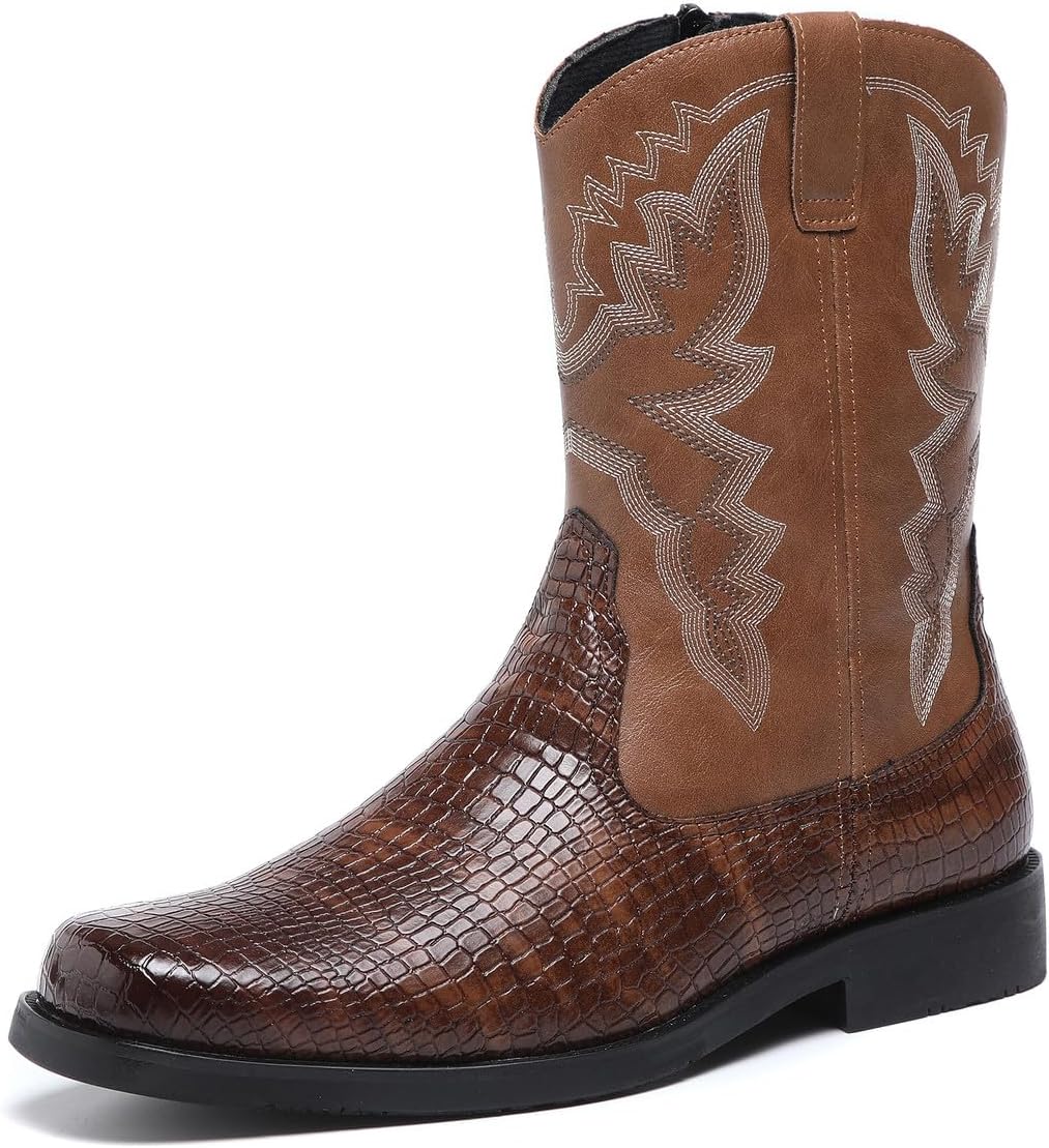 

Мужские вестерн-ботинки Santimon с отделкой под крокодила, боковой молнией, средней высоты голенища, серебряной строчкой, квадратным носком