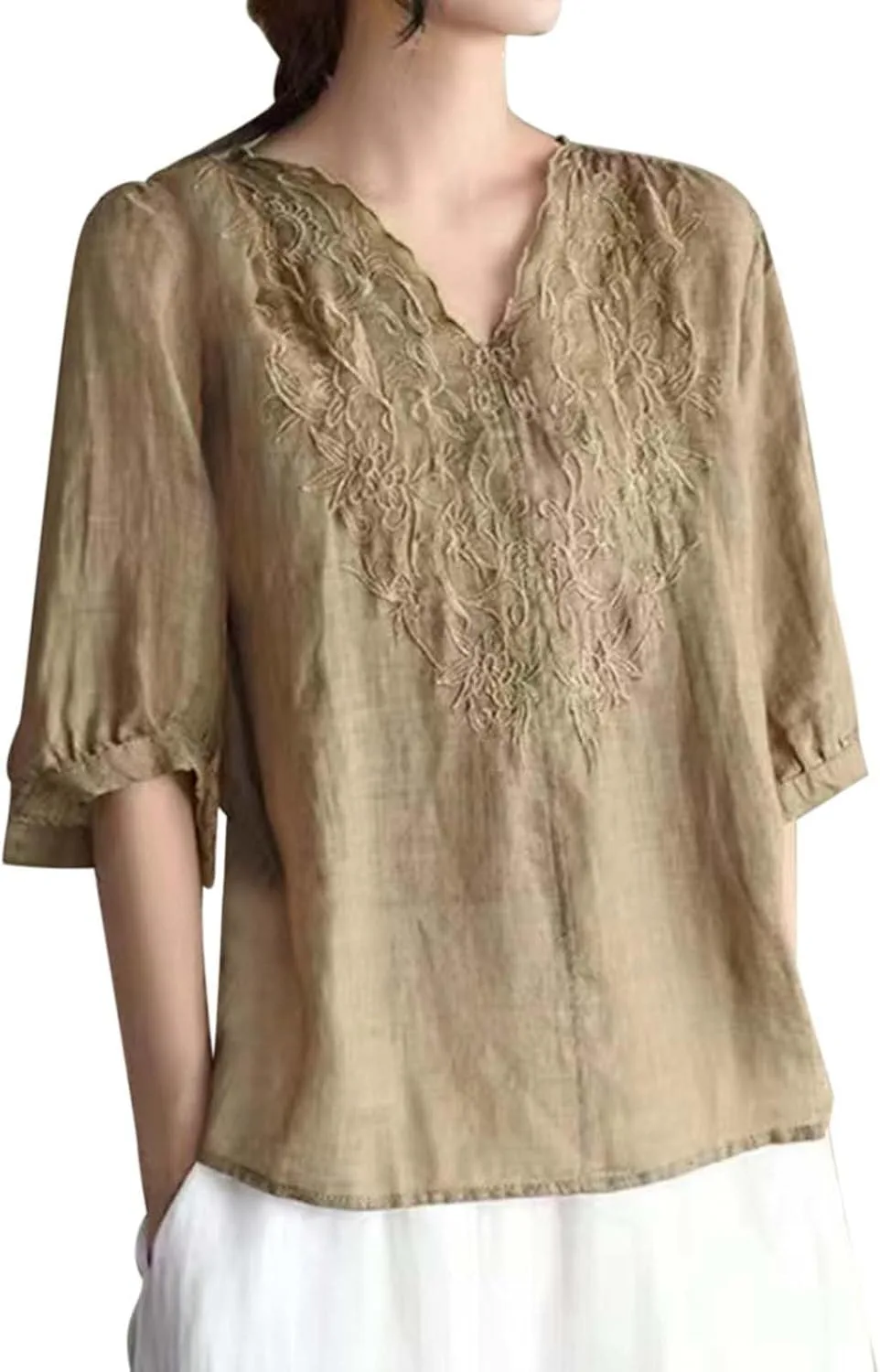 

Льняная рубашка для женщин с рукавом 3/4, V-образным вырезом и вышивкой