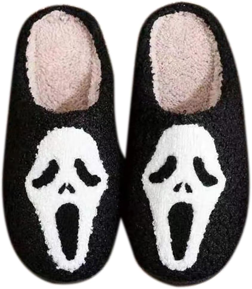 

Тапочки BEHEGTYE на Хэллоуин для женщин и мужчин, пушистые теплые осенне-зимние милые тапочки с тыквой, черепом и привидением, удобные домашние тапочки-слипы для дома и улицы, белый