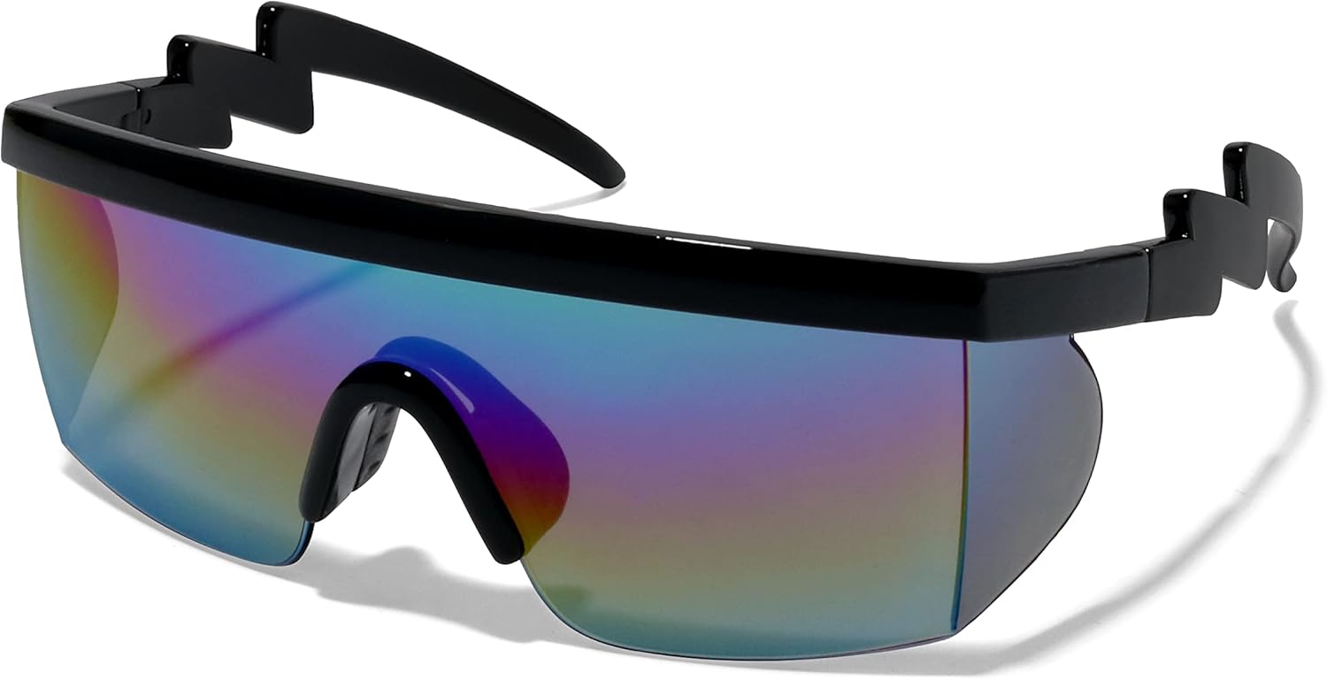 

Солнцезащитные очки ShadyVEU полуободковые, неоновые, радужные, с зеркальными линзами и защитой от УФ-излучения, в стиле ретро 80-х, с изогнутыми дужками в виде зигзага, Black Frame / Black Nose Pad / Rainbow Mirror Lens