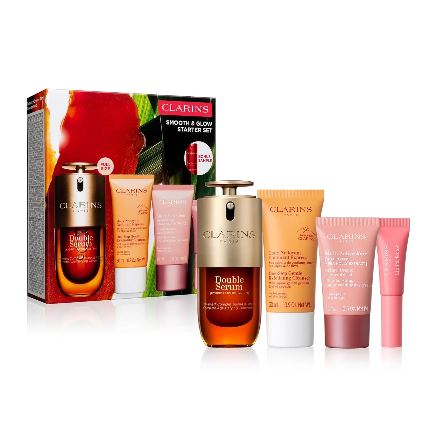 Clarins Smooth and Glow Starter Set | эксклюзивный набор для ухода за кожей из 5 предметов | включает полный размер Double Serum 30 мл