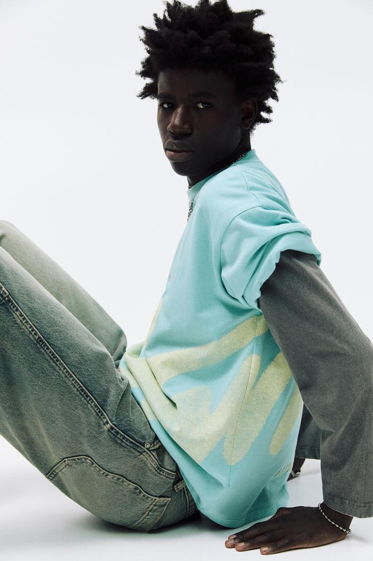 

Футболка с коротким рукавом и принтом stwd Pull And Bear, бирюзовый