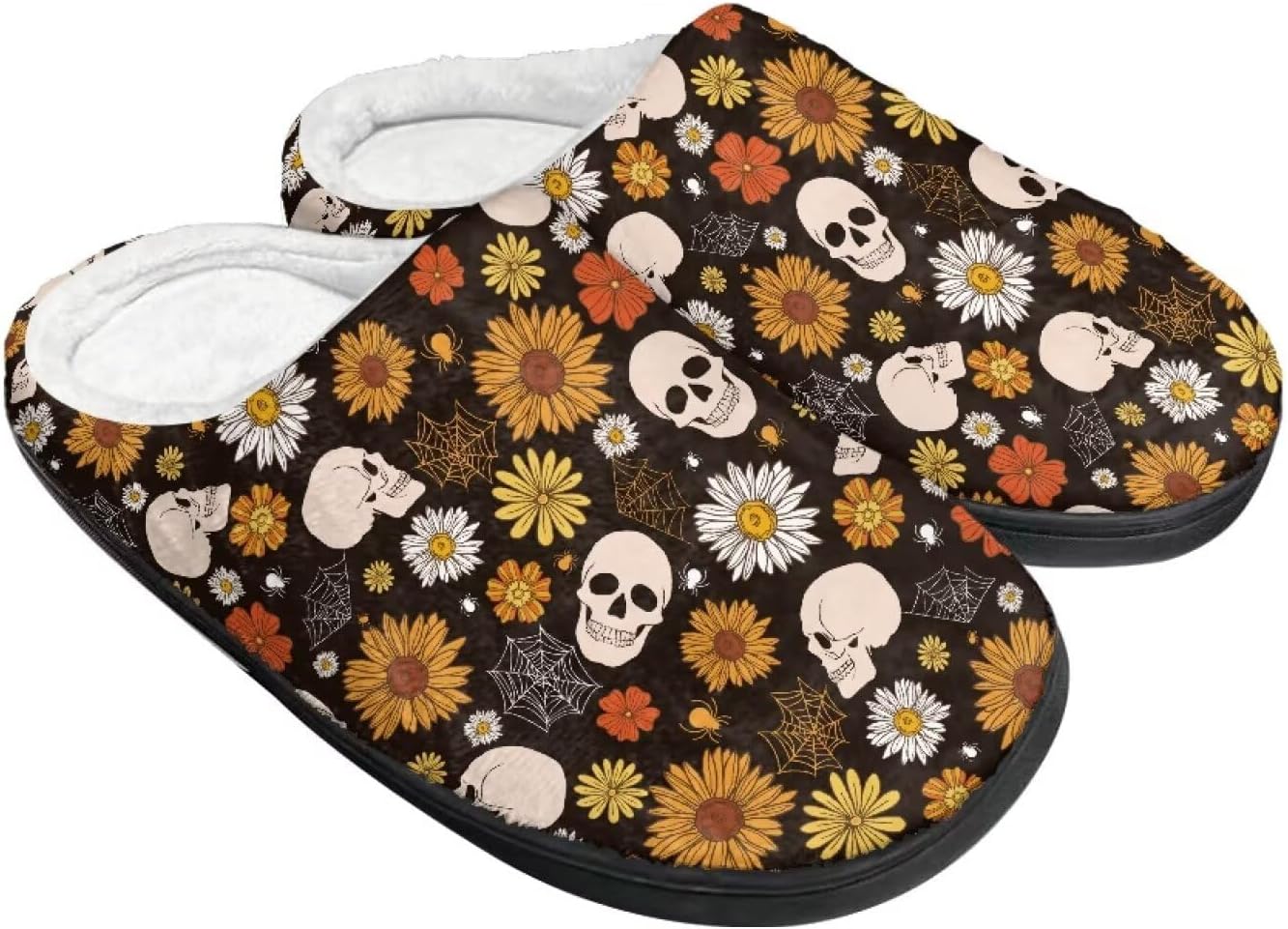 

Тапочки COEQINE для спальни, женские и мужские, мягкие и теплые для дома на зиму, легкие домашние обувь, размер США 4-12, Daisy Brown Skull Sunflower