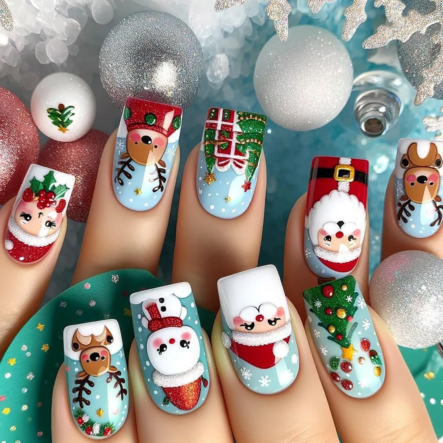 Накладные ногти с мультяшным снеговиком и Санта-Клаусом, 24 штуки Malsse