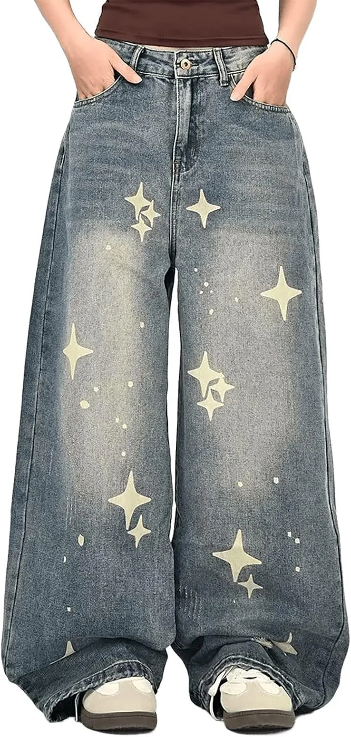

Джинсы женские High Waisted Baggy с принтом звезд в стиле Y2K FEUSEUZ