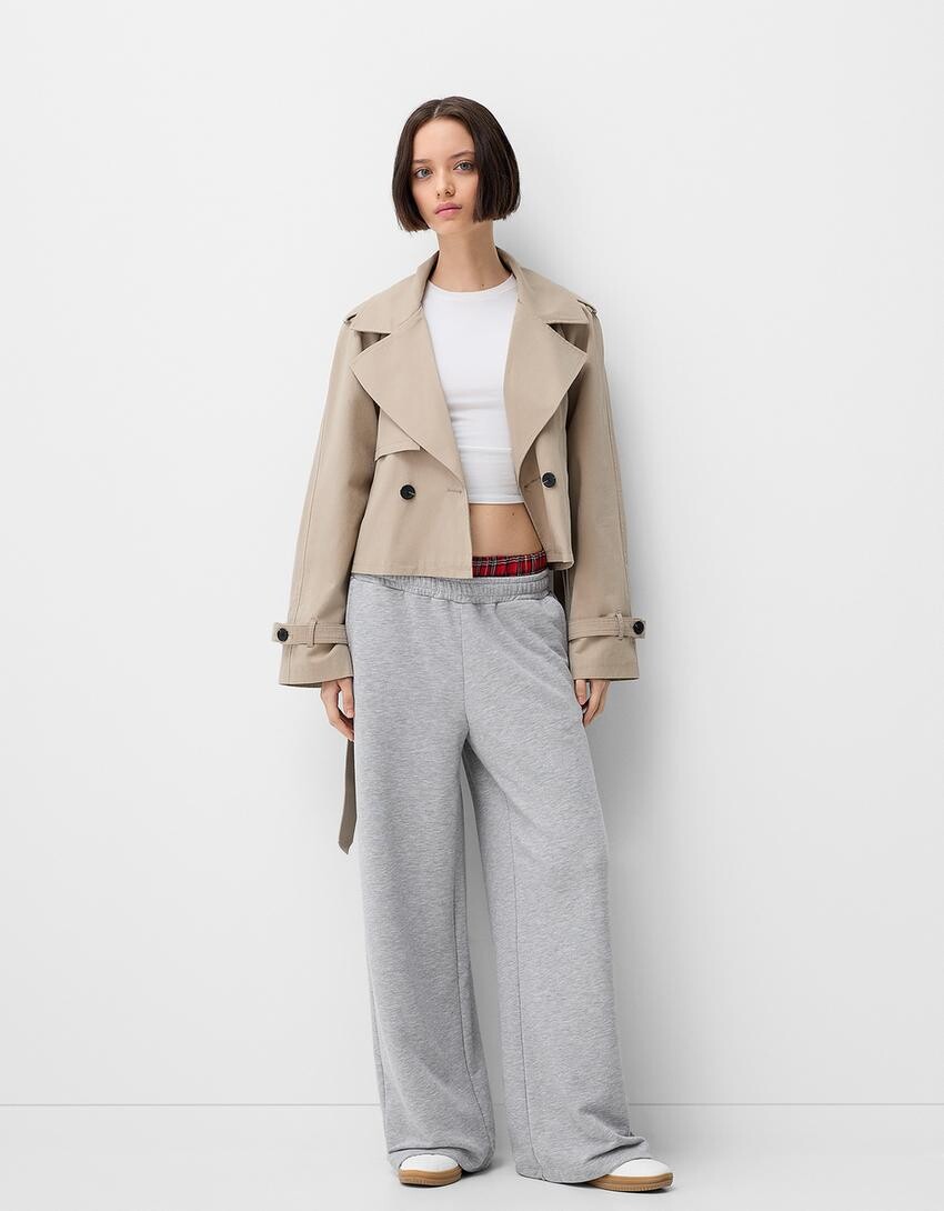 

Широкие брюки из плюша с контрастным поясом Bershka, серый