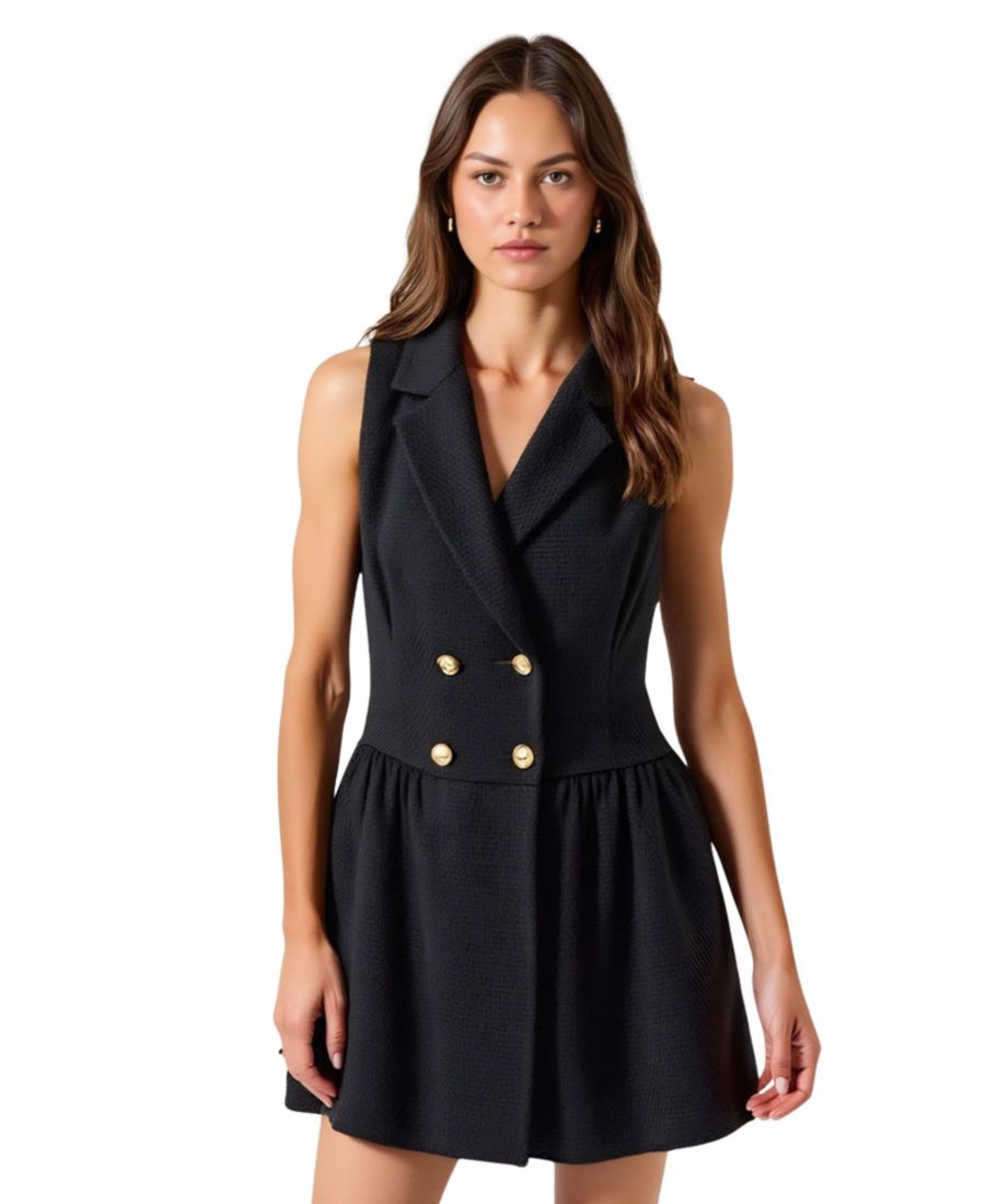 

Женское двубортное платье без рукавов из букле-твида с расклешенным низом Modenaire, Black