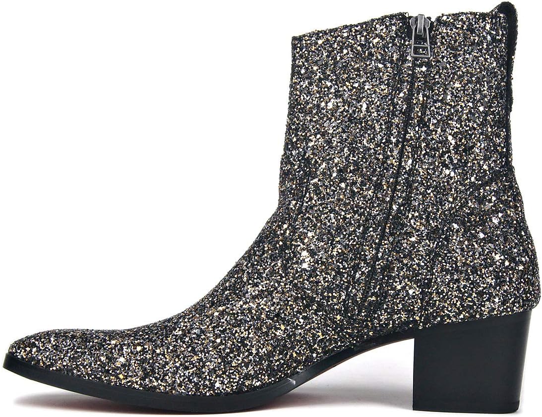 Мужские кожаные ботинки OSSTONE Dress Boot с блестками, дизайнерские чукка, повседневные туфли на каблуке с молнией, черный — фото 2