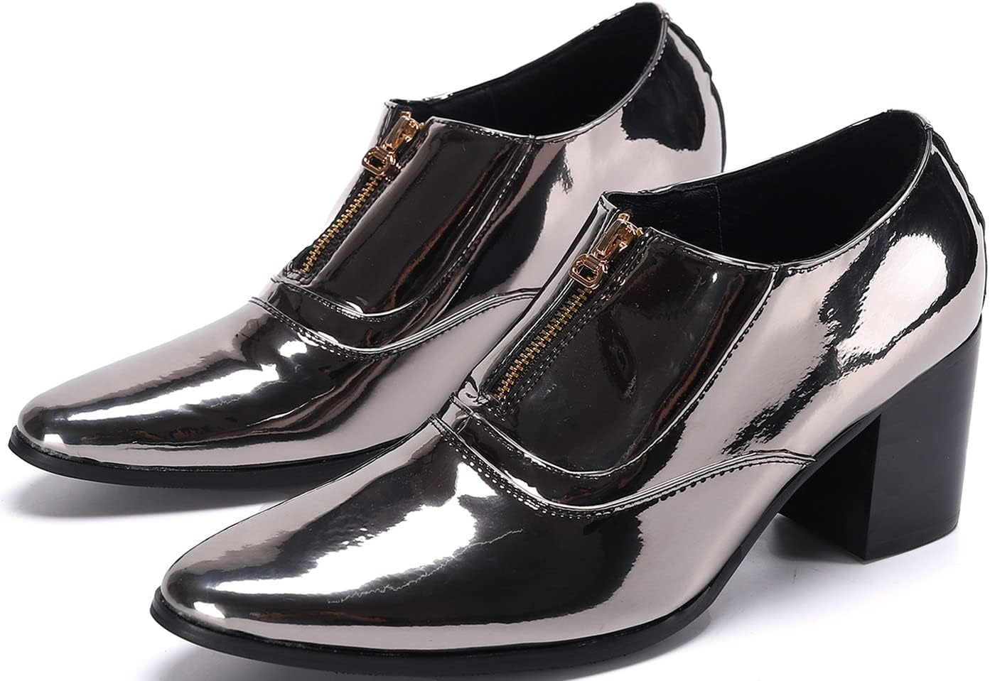 

Мужские лоферы Santimon из металлической лакированной кожи с массивным каблуком - ботильоны с острым носком и молнией на щиколотке, праздничные туфли на широком каблуке, серебро