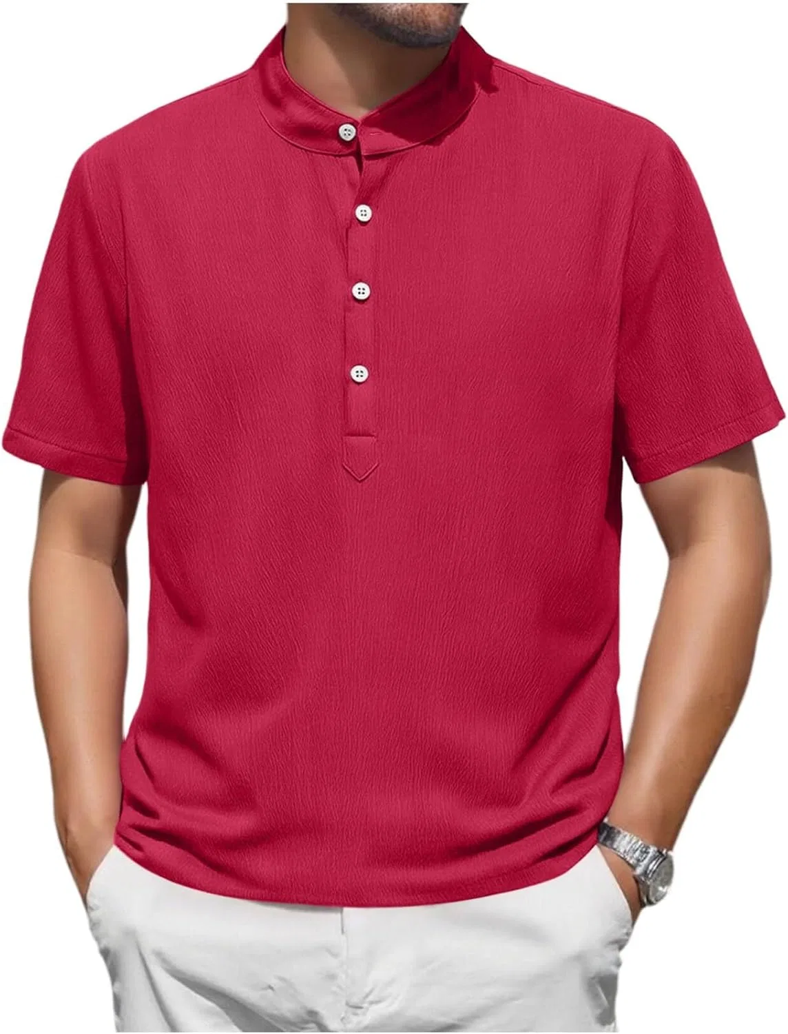 Футболка мужская с воротником-стойкой, повседневная, короткий рукав, Cotton Linen, A02_red