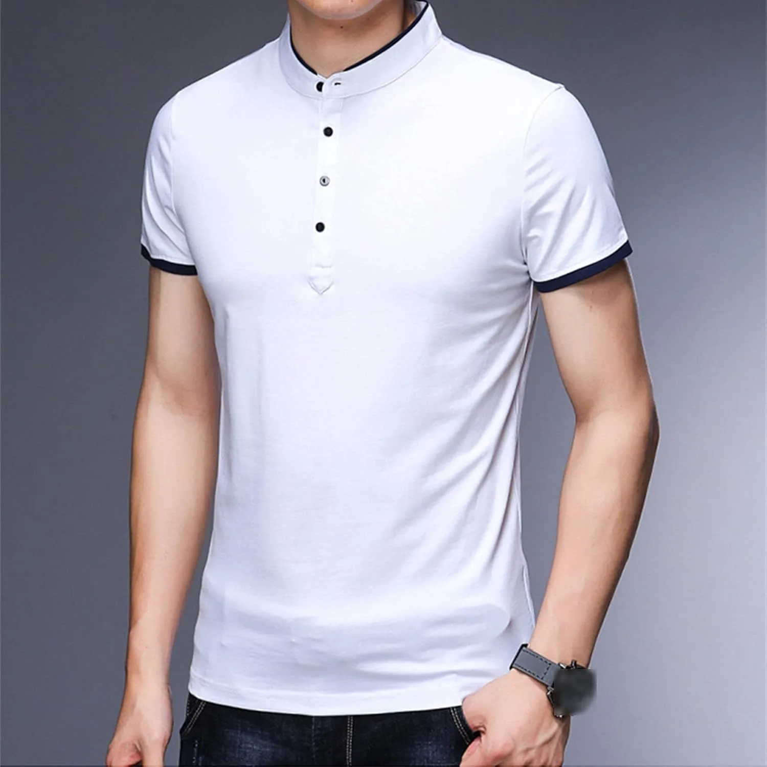 Футболка Slim Mock Neck с коротким рукавом и четвертью пуговиц — фото 3