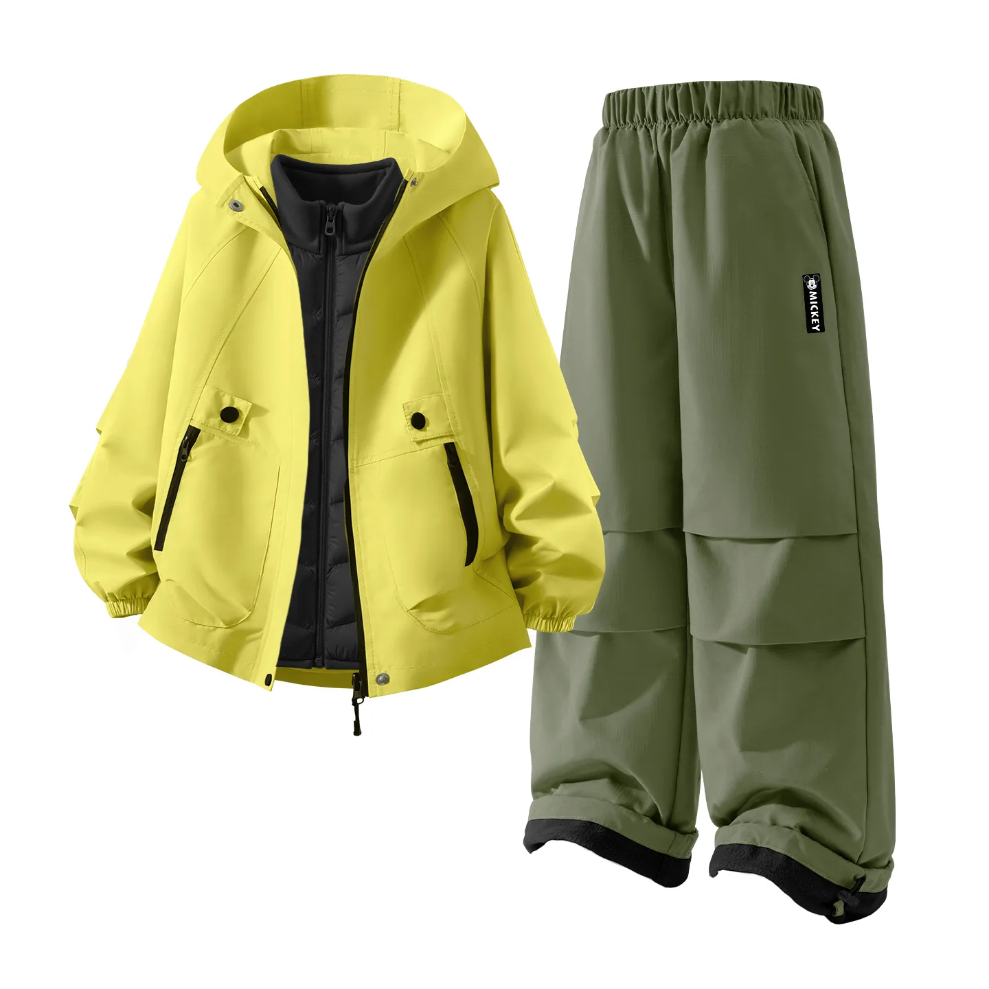 Детский спортивный костюм с круглым вырезом Disney, [Thickened Thermal Three-Piece Set]Solid Color Green+DiH Long Hook-and-Loop K Army Green+DiH Square Hook-and-Loop K Black
