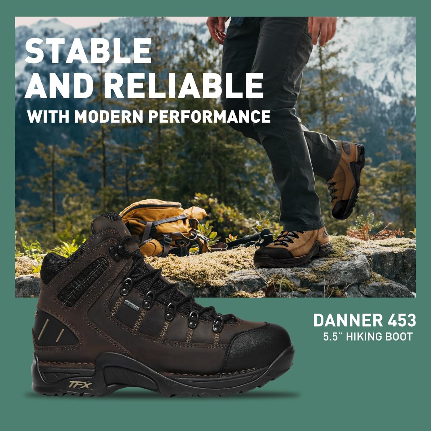 Мужские водонепроницаемые походные ботинки Danner 453 5.5 - верх из нубука, дышащая подкладка Gore-Tex, защитный мысок и подошва TFX с повышенным сцеплением, коричневый — фото 2