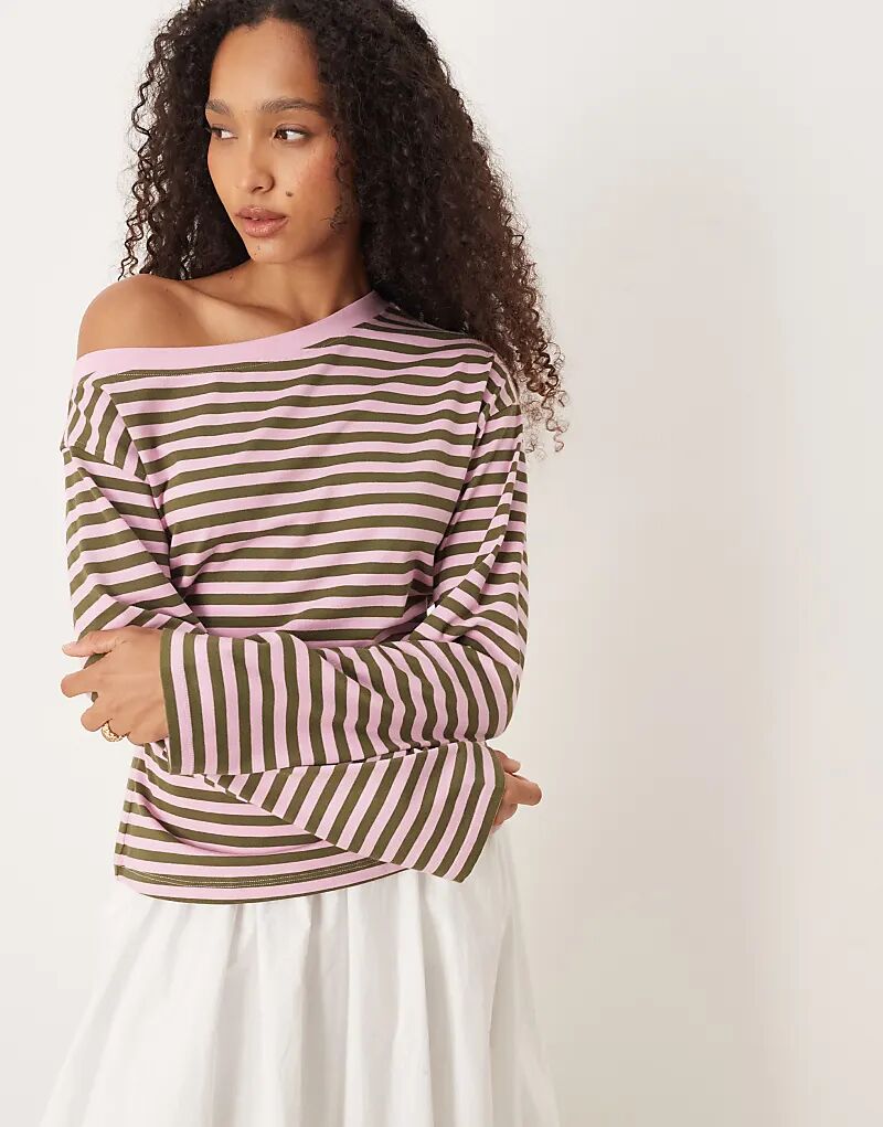 

Лонгслив ASOS DESIGN с длинными рукавами и открытыми плечами, корсетная, в розово-зеленую полоску