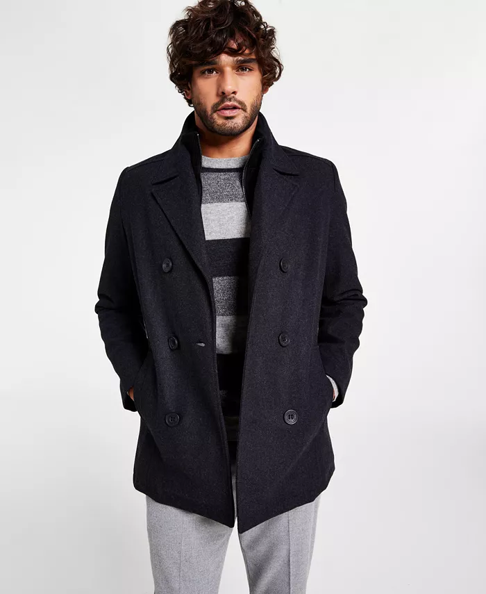 

Мужское двубортное пальто из шерстяной смеси Peacoat с нагрудником Kenneth Cole, серый