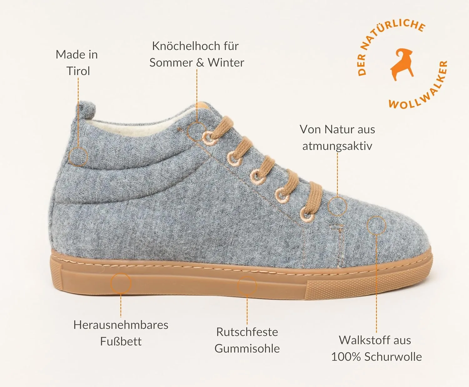Кроссовки Gottstein Wool Walker 103 для мужчин и женщин - Стильные ботинки из высококачественной шерсти - Внешний материал: 100% натуральная шерсть - Резиновая подошва | Шерстяные кроссовки, серый — фото 4