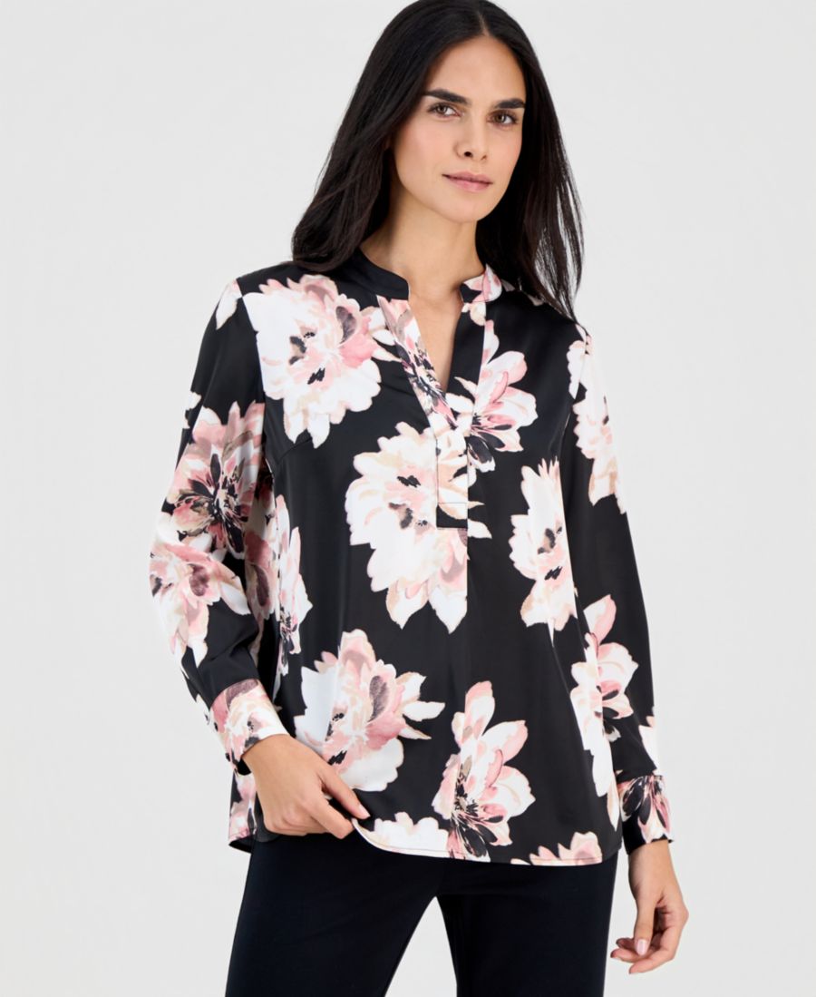 

Укороченная атласная блузка с цветочным принтом Anne Klein, Anne Black Multi