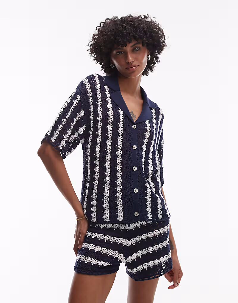 

Трикотажная рубашка в полоску синего и цвета слоновой кости Topshop