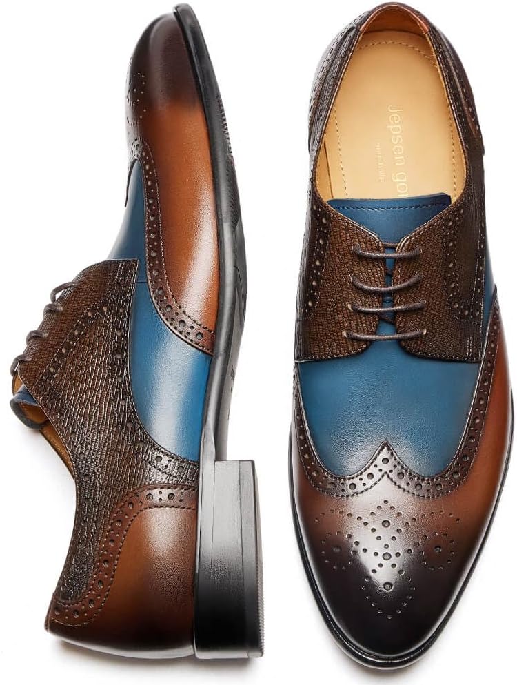 Мужские классические туфли Jepsengord Wingtip из натуральной кожи коровы, оксфорды с брогированием, формальные деловые и свадебные дерби Jepsen Gord, синий/коричневый — фото 4