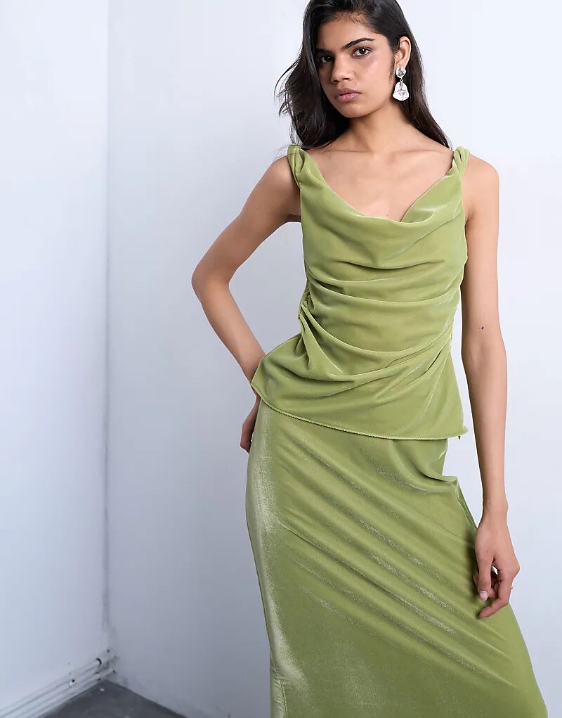 

Бархатная майка-комбинация Topshop цвета авокадо с перекрученными плечами