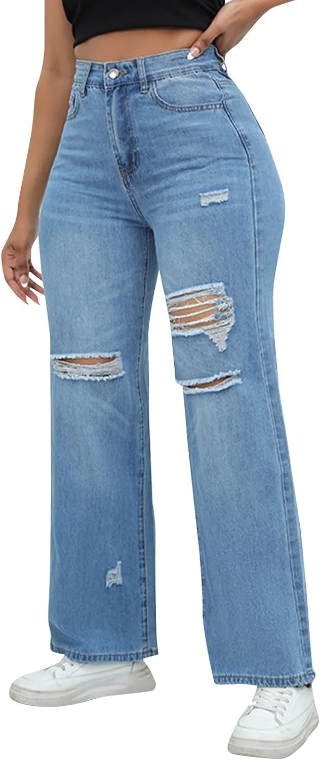 Рваные широкие джинсы для женщин High Waisted с эффектом подтяжки