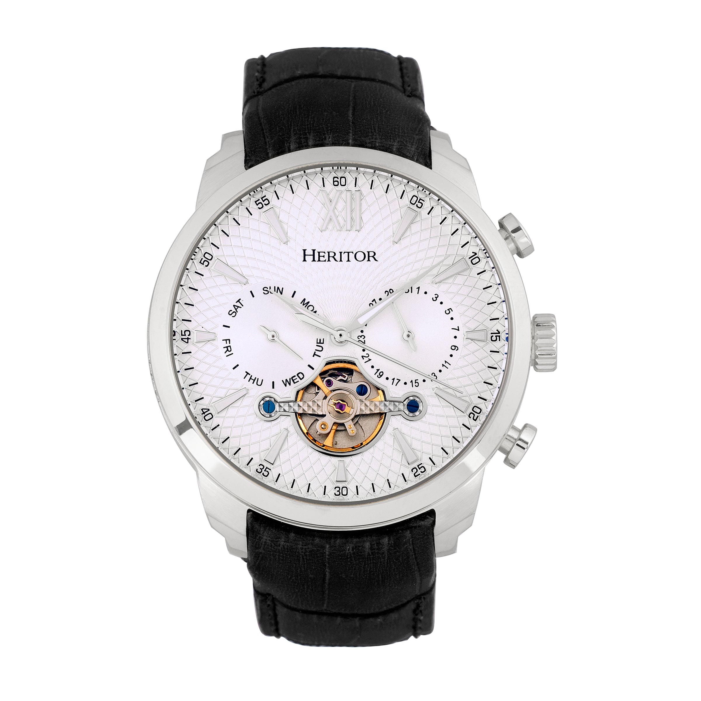 

Часы Arthur Semi-Skeleton с кожаным ремешком, с указателем дня недели и даты Heritor Automatic, белый