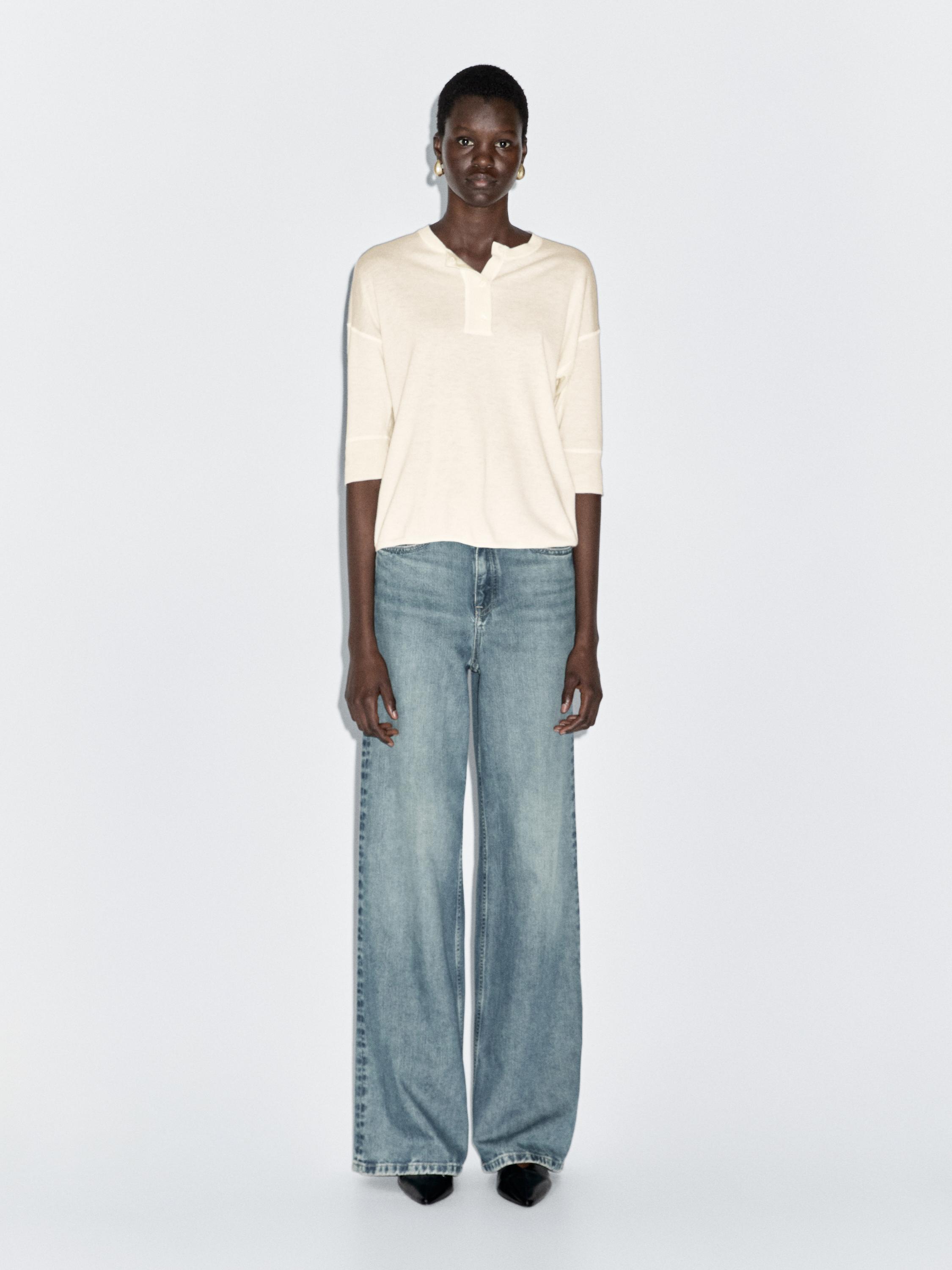 

Свитер хенли из смесовой шерсти Massimo Dutti, кремовый