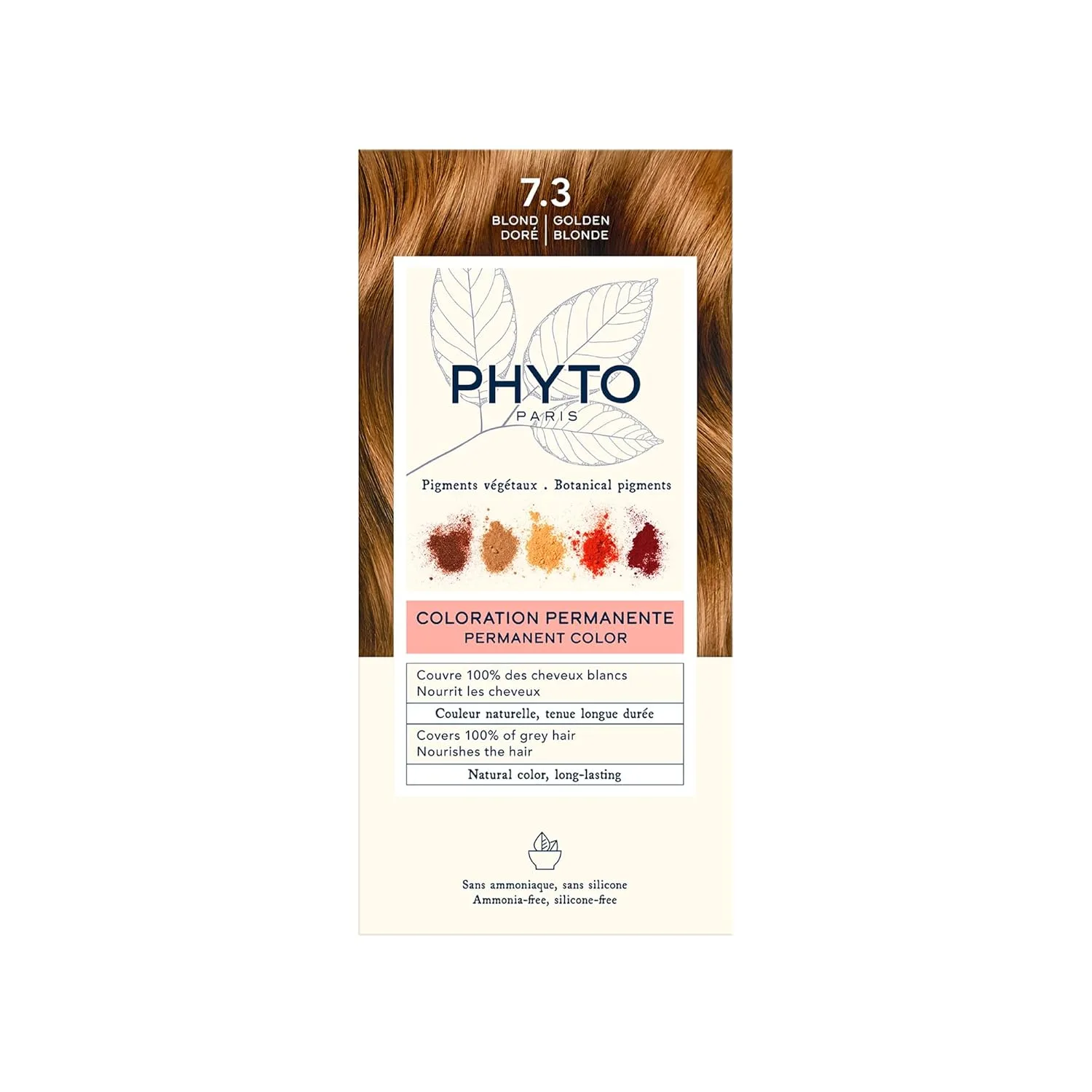 Стойкая краска для волос PHYTO Phytocolor с растительными пигментами, 100% закрашивание седых волос, без аммиака, без PPD, без резорцина, 0,42 унции. 11.91 г (1 шт.), 7.3 Golden Blonde