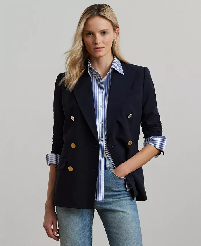 

Женский двубортный шерстяной жакет из крепа Lauren Ralph Lauren, синий