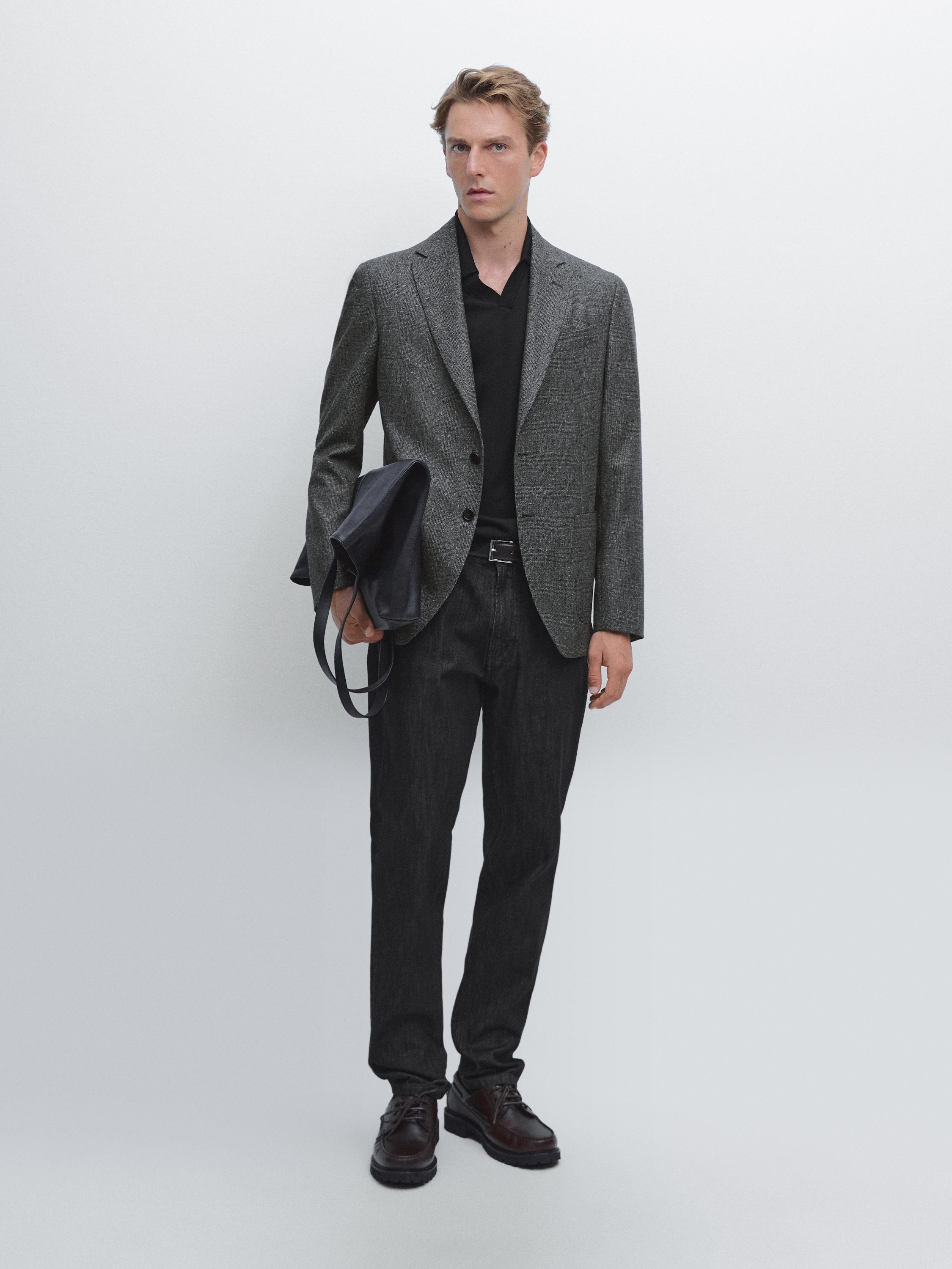 

Пиджак из смесовой шерсти с текстурированной клеткой Massimo Dutti, серый