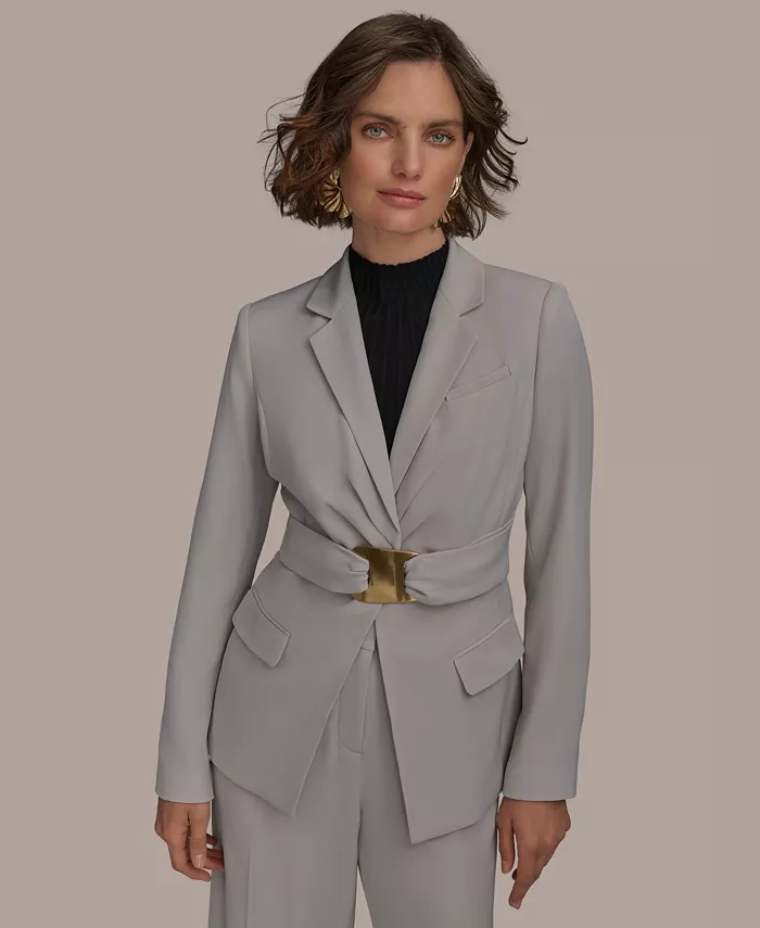 

Женский укороченный приталенный жакет с поясом спереди Donna Karan New York, коричневый/бежевый
