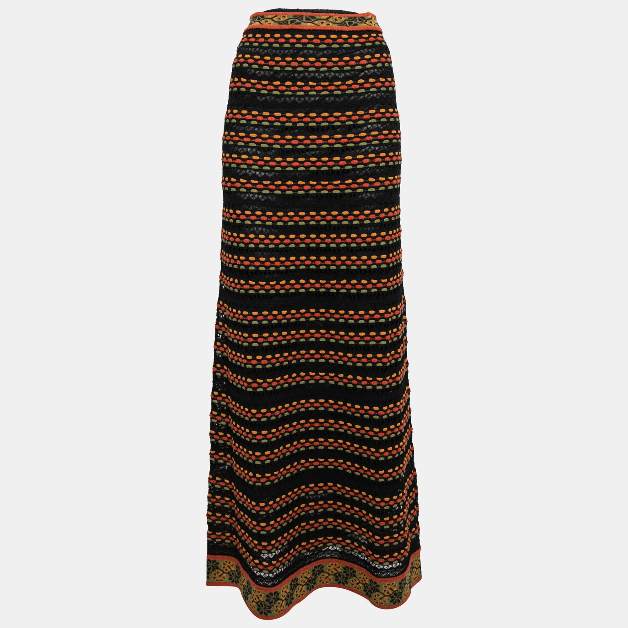 

M Missoni Длинная юбка Missoni из перфорированного трикотажа, черно-оранжевого цвета