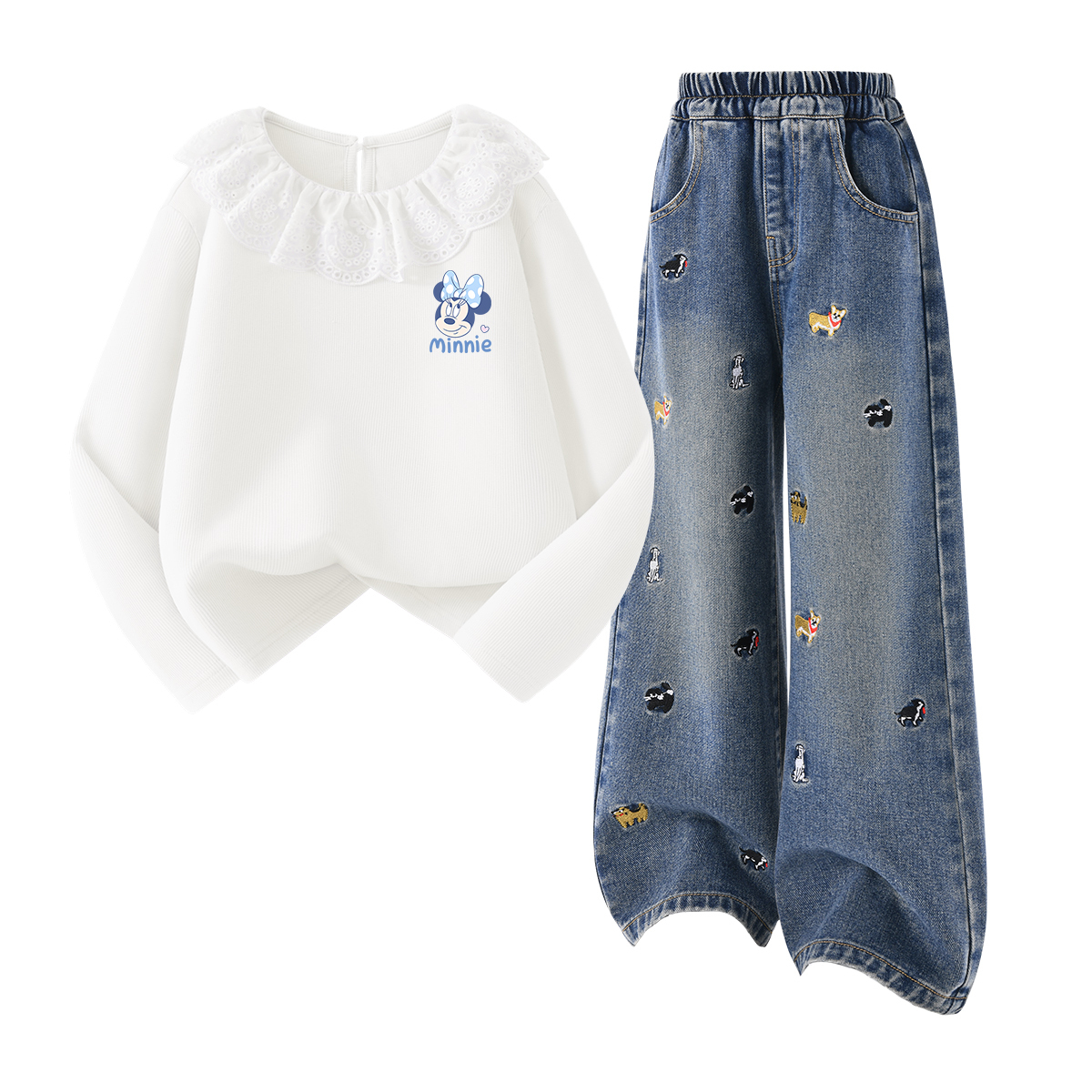 

Детская повседневная спортивная одежда Disney, Dili Qiaopi Nini Gardenia White+Solid Color Denim Blue