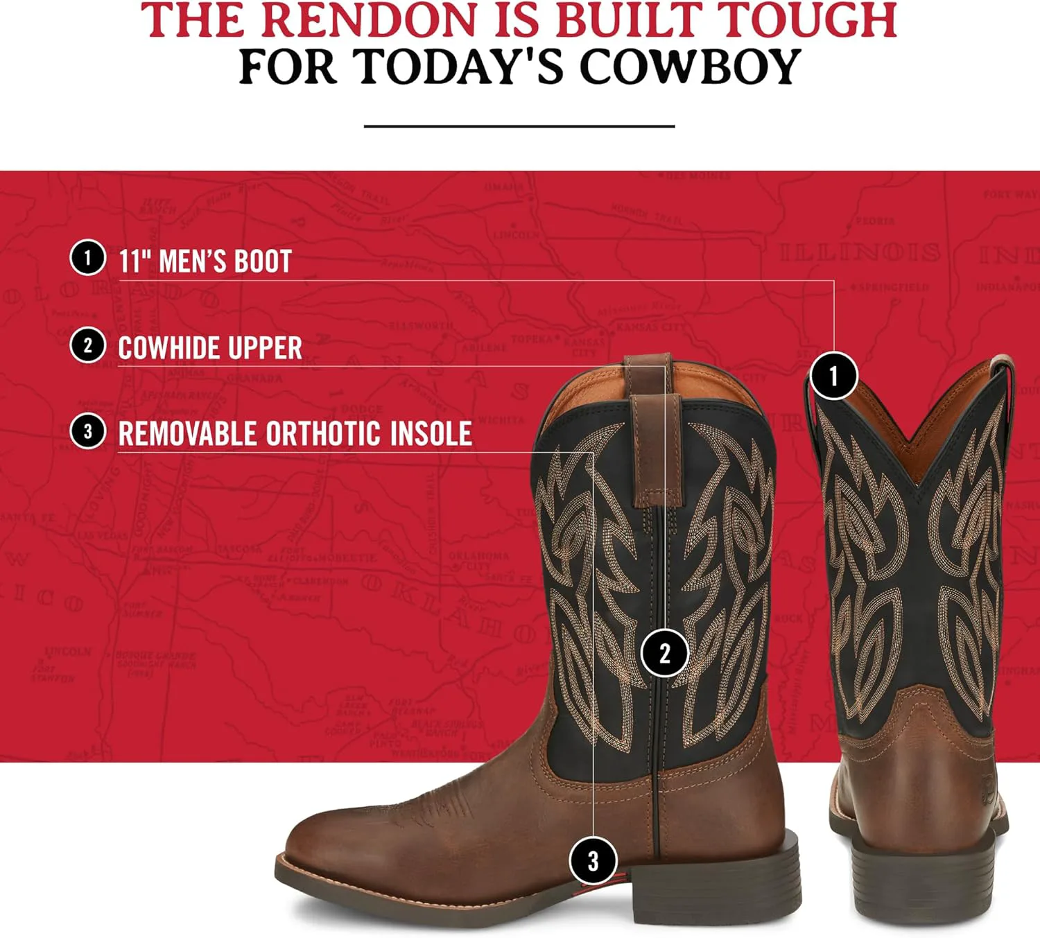 Ковбойские сапоги Justin Rendon 11" Western - мужские, с круглым носком, из коровьей кожи, с съемной ортопедической стелькой, с противоскользящей резиновой подошвой, коричневый — фото 3