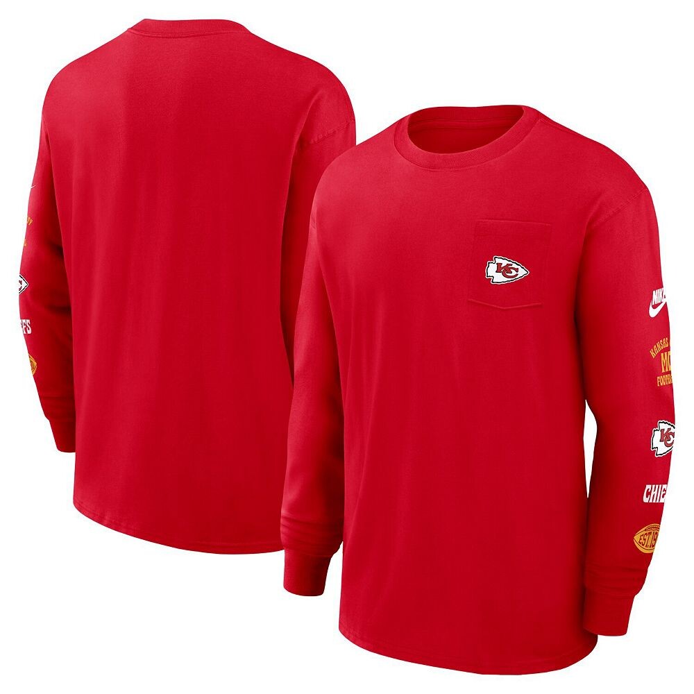 Мужская красная футболка с длинными рукавами и карманами Nike Kansas City Chiefs Rewind Heavy Max 90, цвет Chf Red