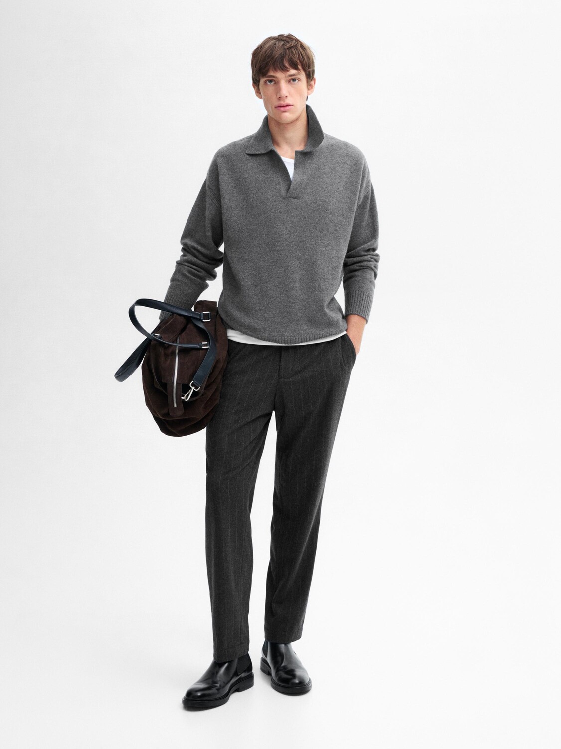 

Свитер с воротником-поло из шерсти и кашемира Massimo Dutti, серый