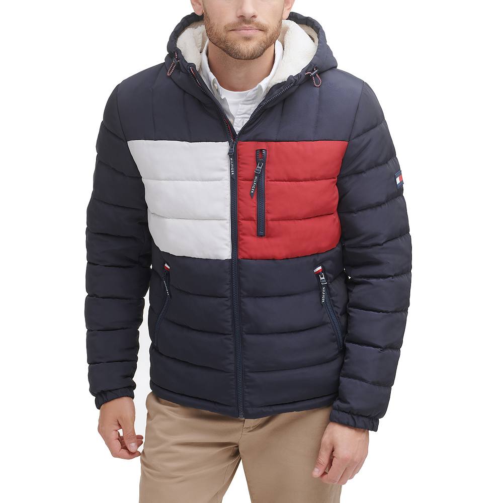 

Мужская куртка-пуховик Tommy Hilfiger с капюшоном на подкладке из шерпы, цвет Navy Colorblock