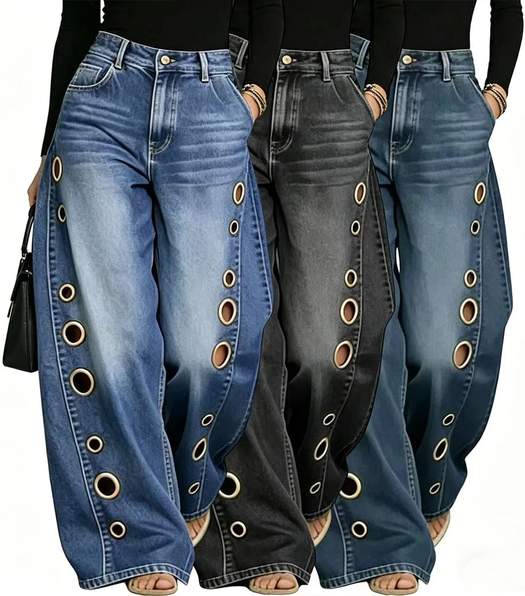 Джинсы женские с вырезами, широкие, Vintage Blue — фото 2