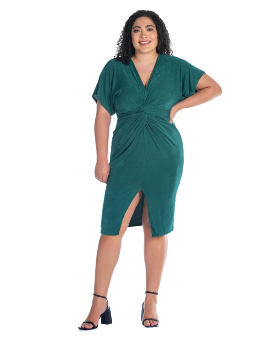 

Платье большого размера с короткими рукавами, V-образным вырезом, перекрученным передом и разрезом по низу 24seven Comfort Apparel, Hunter